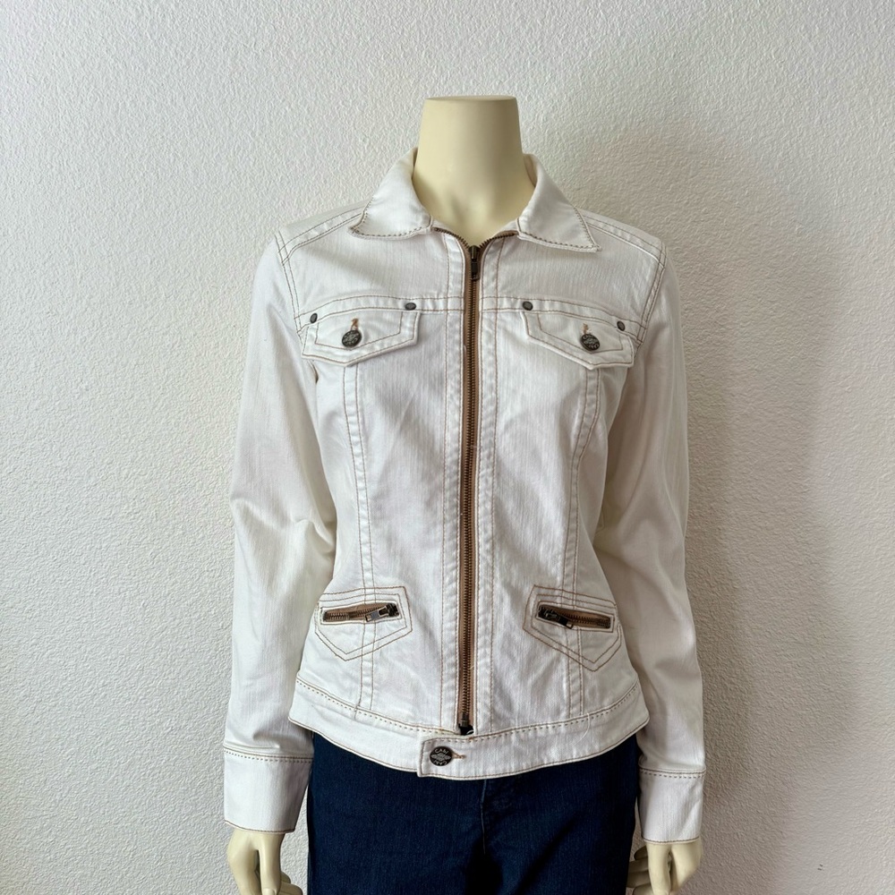 CAbi White Denim Jacket With Button Accents & Zippered Pockets Women's Size S